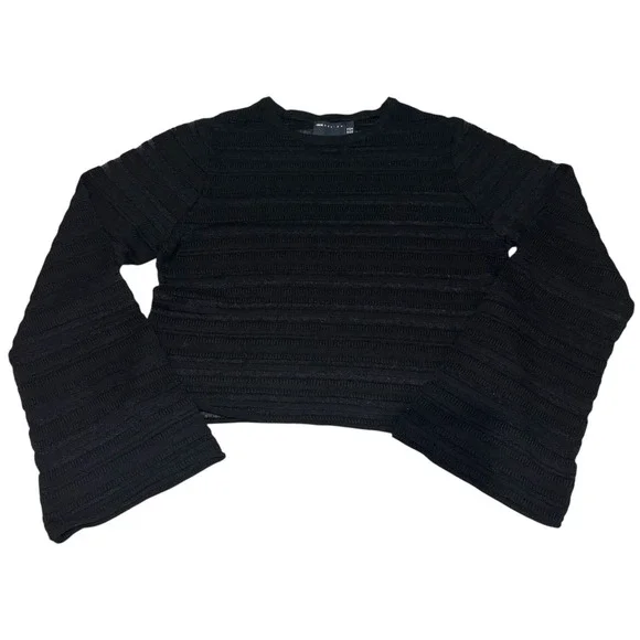 ASOS‎ Design Black Sweater Sheer Stripes 10 Long Sleeve Crew Neck Flared Sleeves - Picture 2 of 7